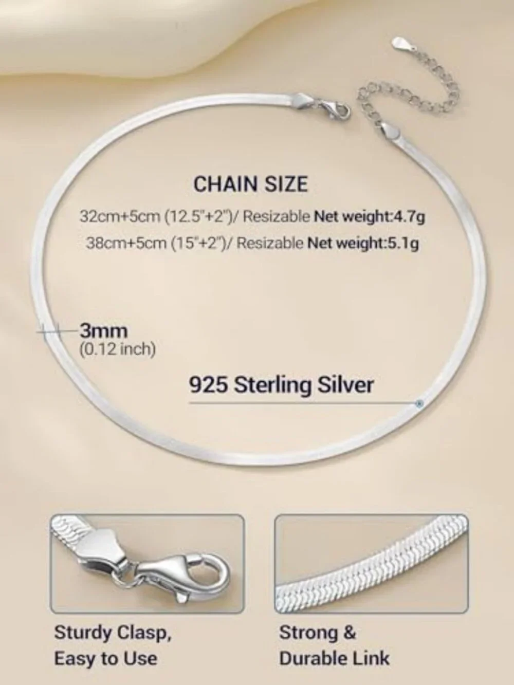 Stainless Steel Herringbone Choker Necklace for Women, 12.5